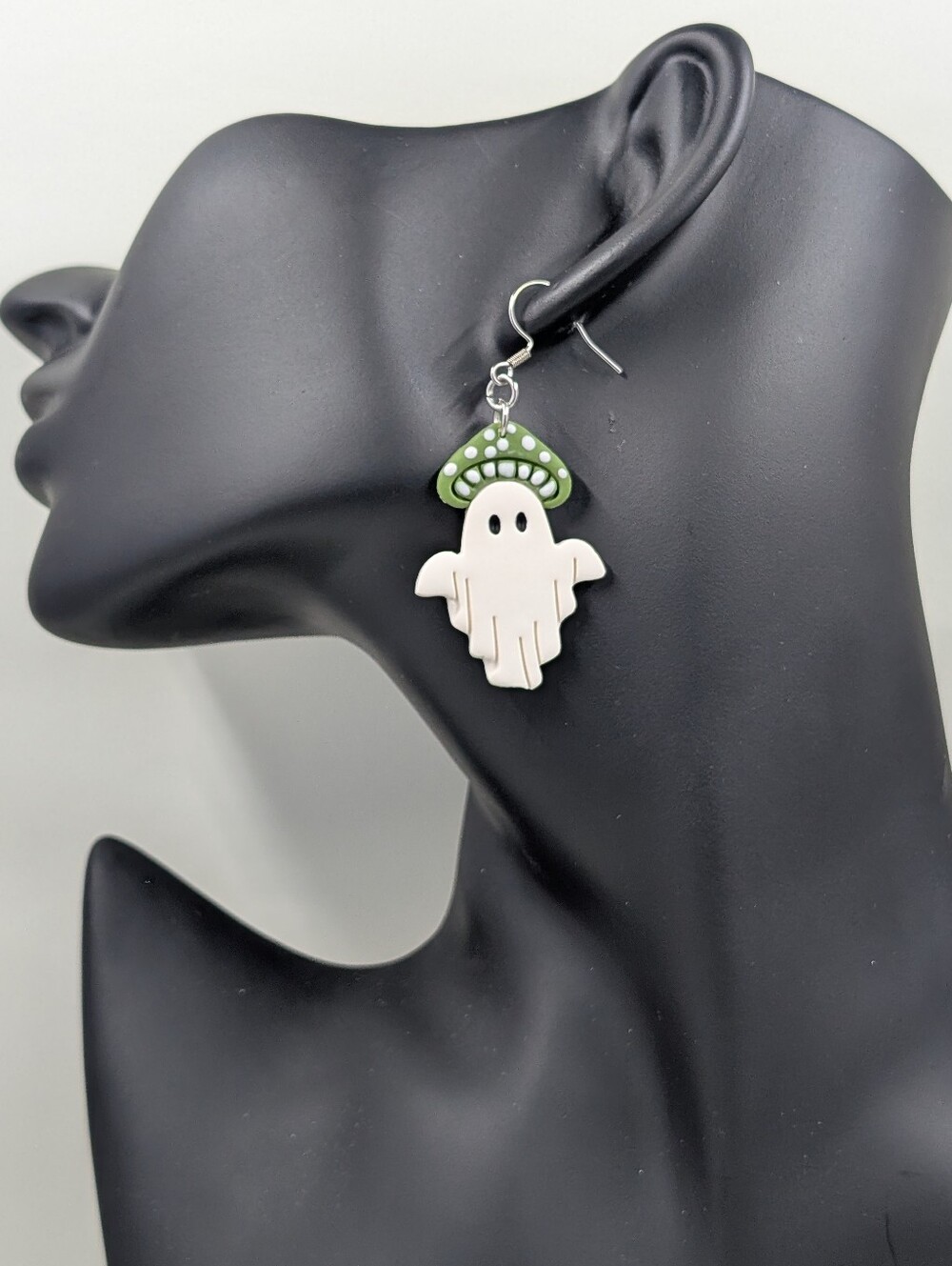 Handmade White Ghost & Green Mushroom Dangle Earrings